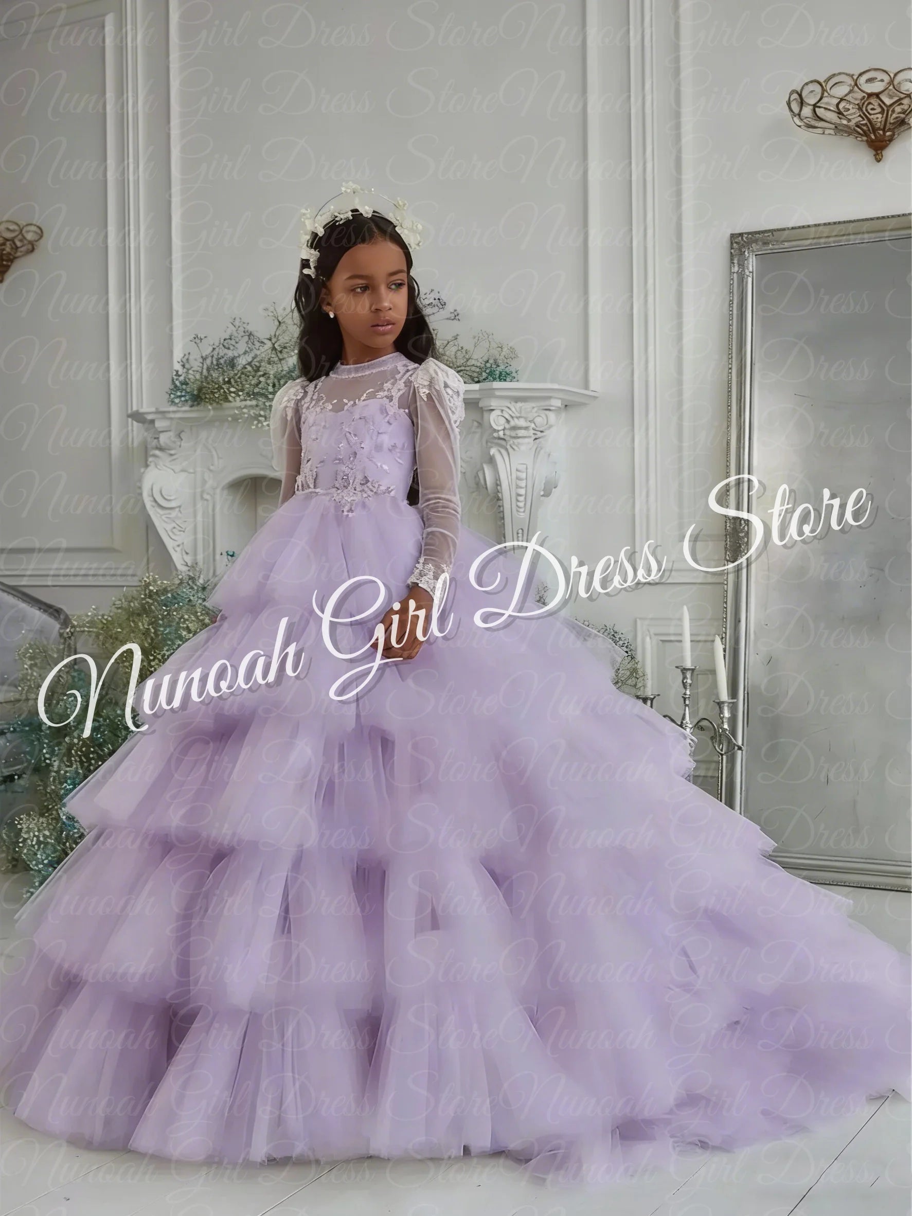 Customized White Flower Girl Dresses Tulle Tiered Flory with Tailing Long Sleeve for Wedding Birthday Party First Communion Gown