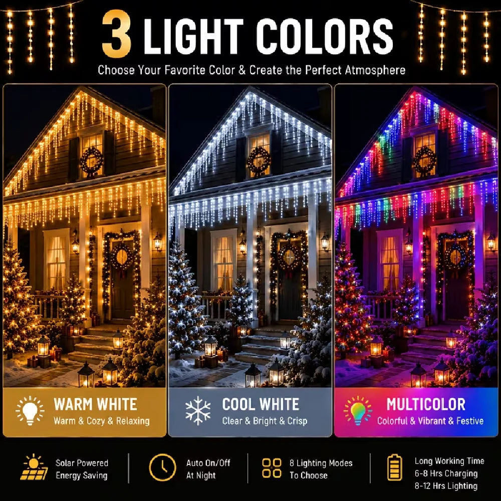 3.5M/7M/13M Solar Icicle Lights 8 Modes Outdoor Decorations Christmas Fairy String Lights for Xmas House Roof Party Wedding