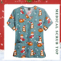 Women Men Christmas Scrubs Top Short Sleeve Pockets Surgery Blouse V-neck Medical Clothes Unisex Spa Dental Vet Surgical Uniform