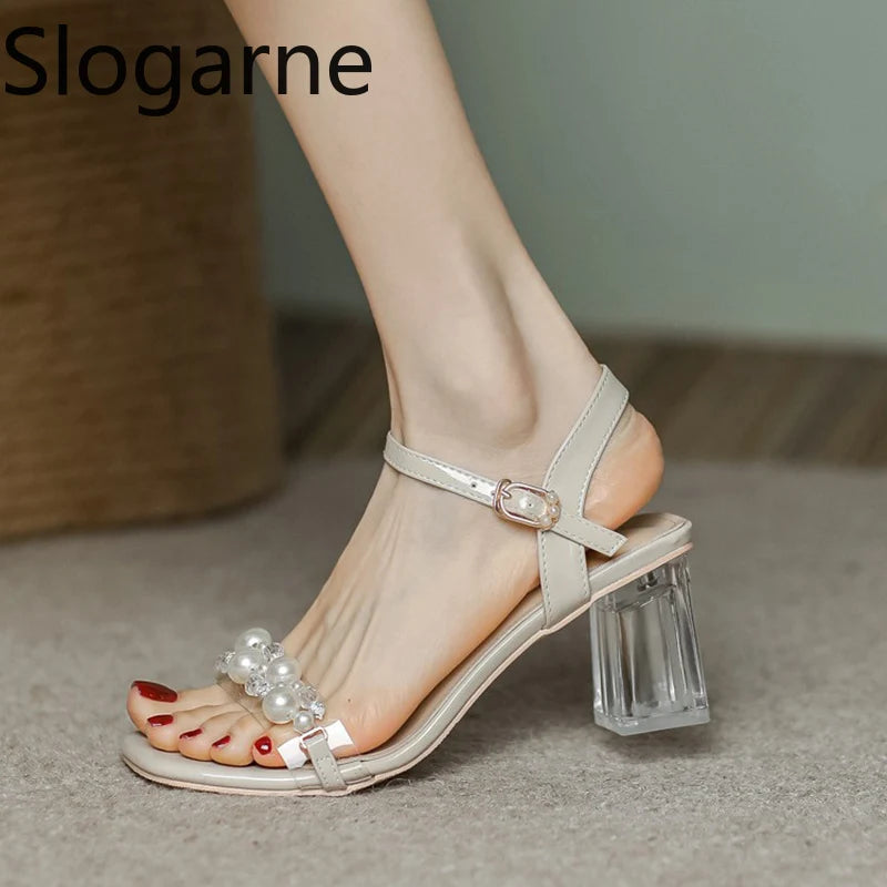 Summer Fahsion Sandals Women 2026 New Pearl High Heels Slippers Girls Crystal Heel Summer Shoes Trendy Slides Transparent Sandal