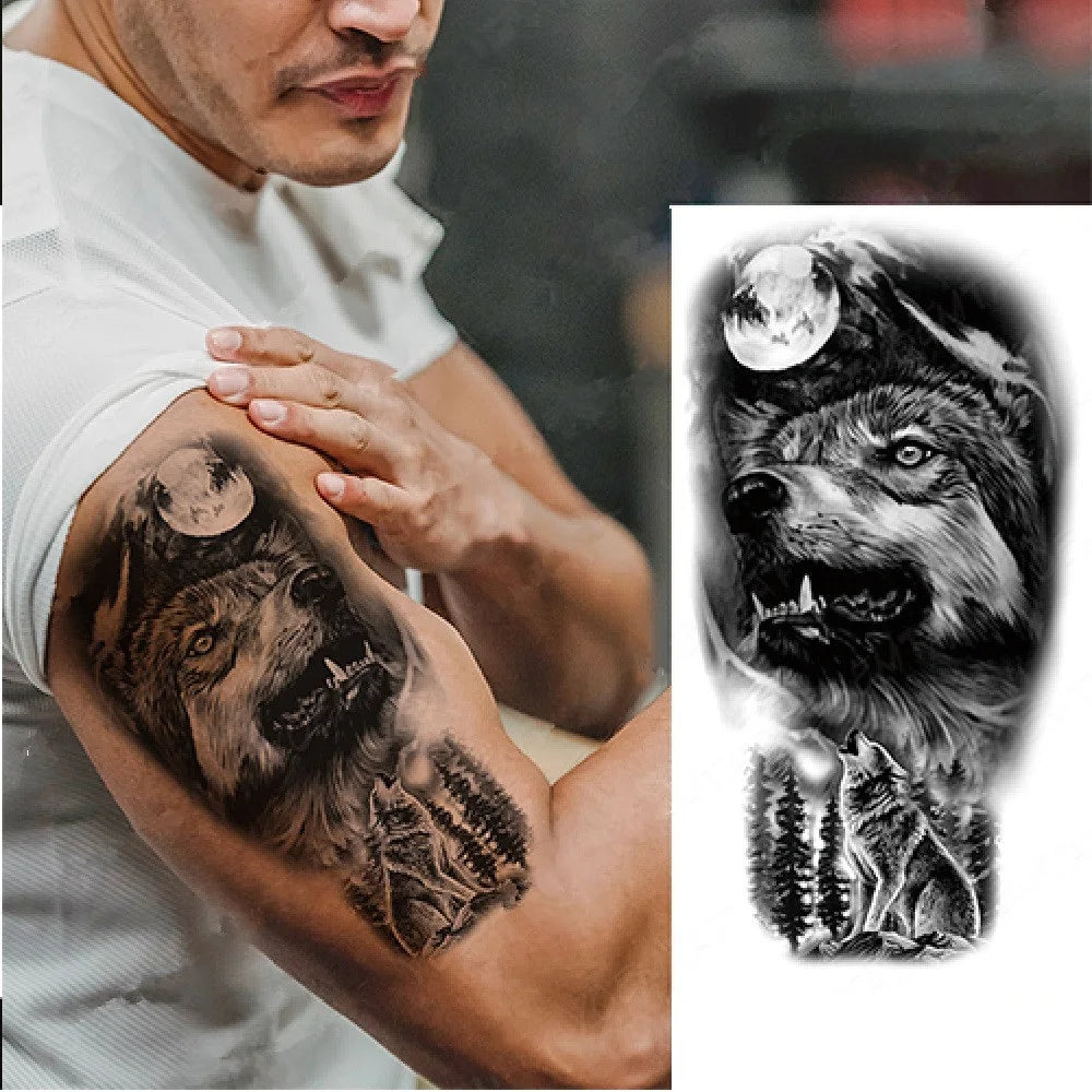 1pc Lion Men Waterproof Temporary Tattoos Fake Stickers Arm Hand Cool Art Black Transfer Clock Tattoo Stickers Wolf Tiger Tattoo