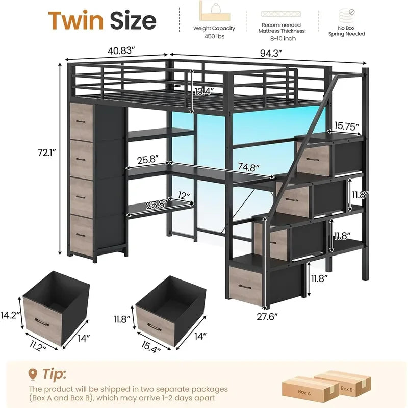 Twin Loft Bed with Storage Stairs Desk Power Strips LED Lights 8 Drawers Open Shelves Safety Guardrail for Kids Teens Adults