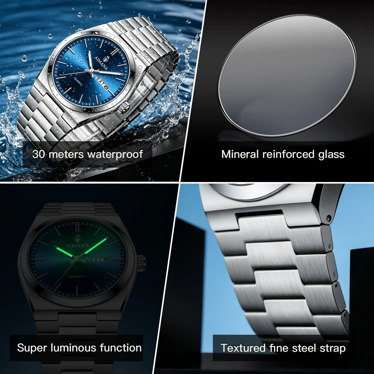 AIMANA Men's Luxury Stainless Steel Strap Watch Waterproof Luminous Date Casual Fashion Quartz Wristwatch Gift for Men