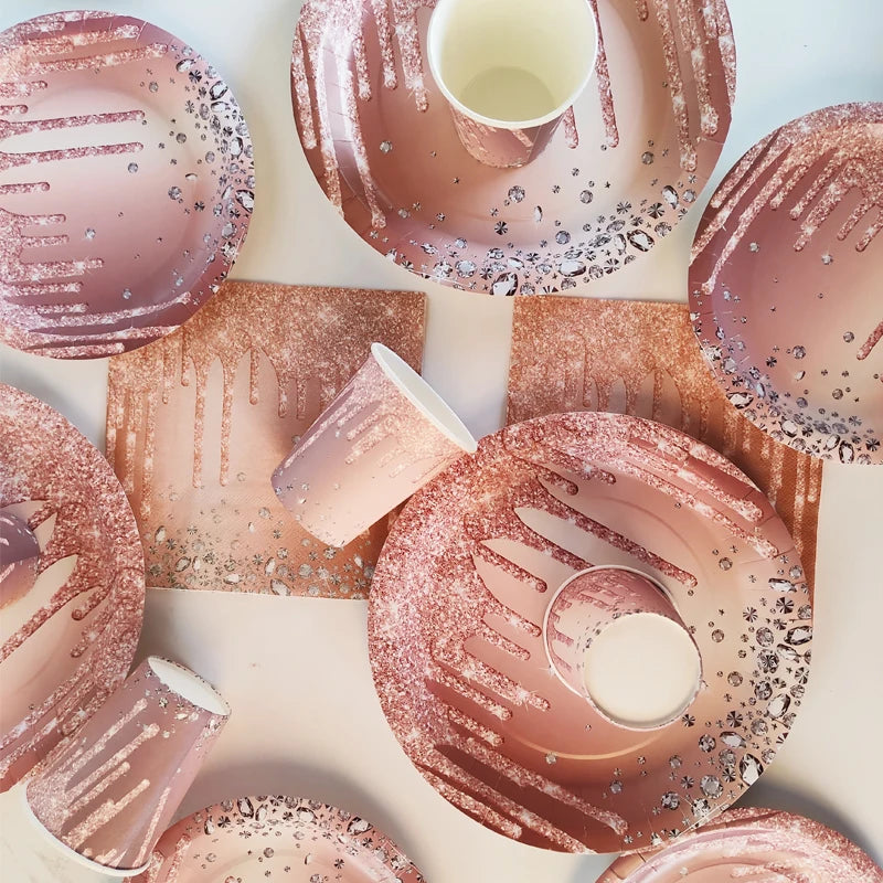 Rose Gold Disposable Tableware Diamond Pattern Paper Cups Plates Straws Table Decoration Wedding Birthday Party Supplies