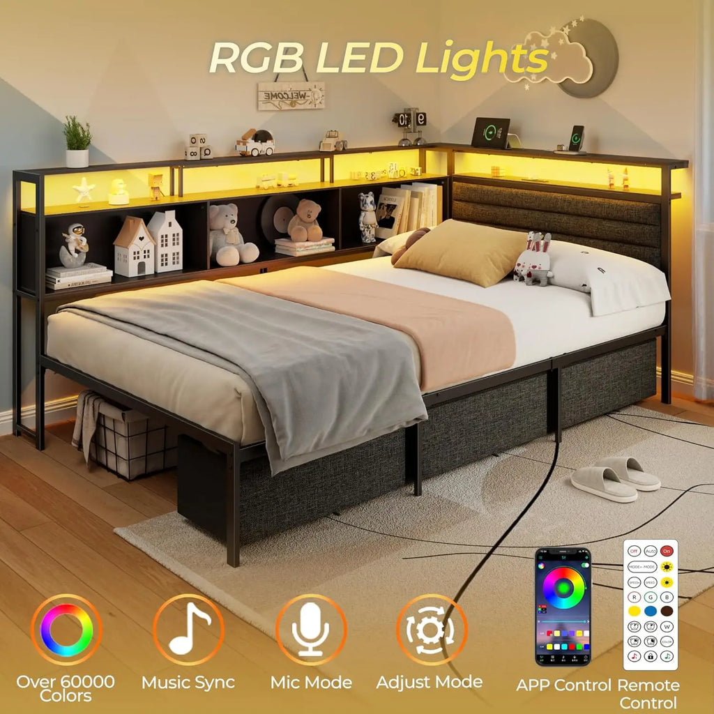 Corner Bed Frame with Storage Bookcase and LED Lights Twin Size Bed Frames with Upholstered Headboard and Charging Station