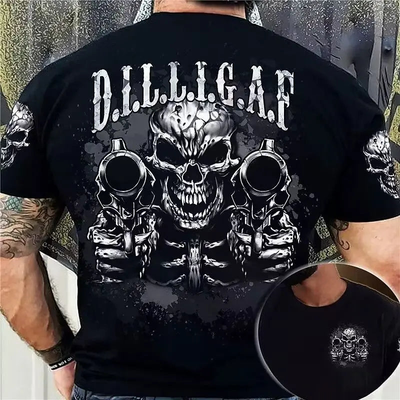 2025New Summer Hot Sale Double Gun Skull Digital Printing Short Sleeve Boys Handsome Personality Crew Neck T-Shirt Top