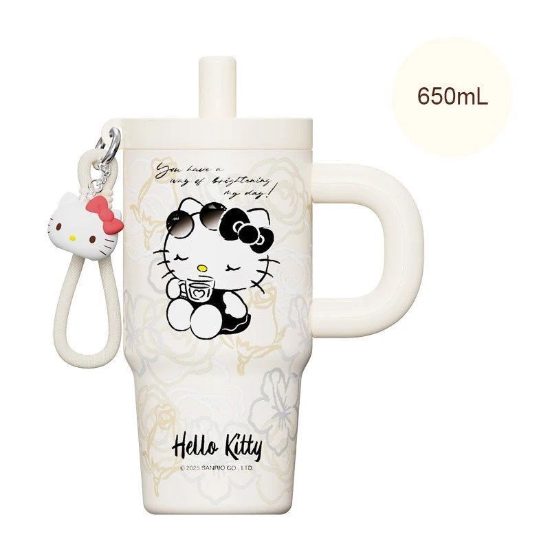 X&W Sanrio Thermos Cup Stainless Steel Straw Insulated Bottle with Handle Cartoon HelloKitty Coffee Mug Keep Hot/Cold Travel Cup