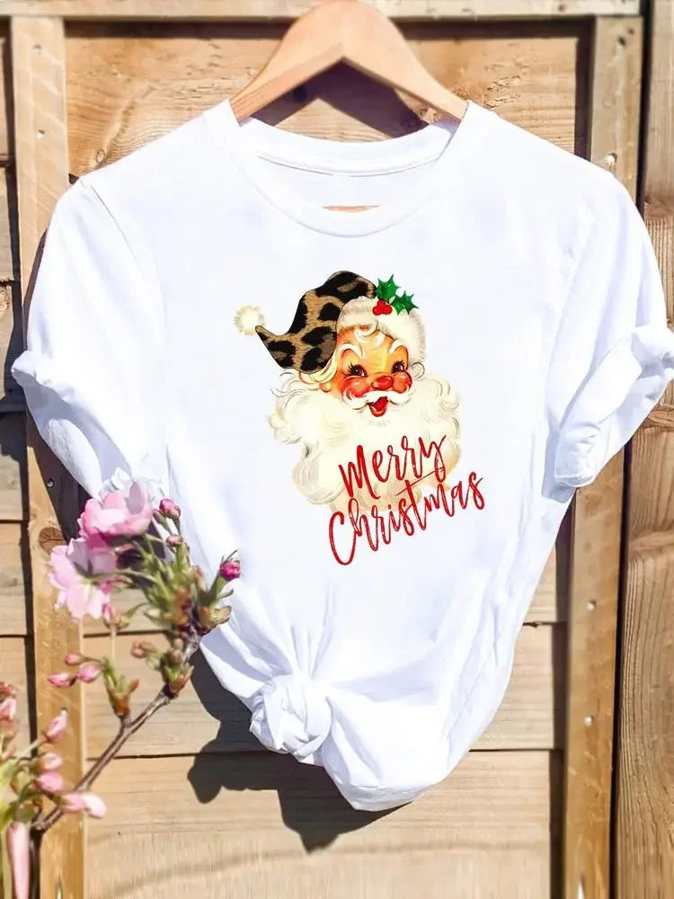 Merry Christmas New Year Holiday Graphic T Tee Fashion Cat Tree Lovely 90s Cute Harajuku Kawaii T-shirt Women's Y2K Clothing