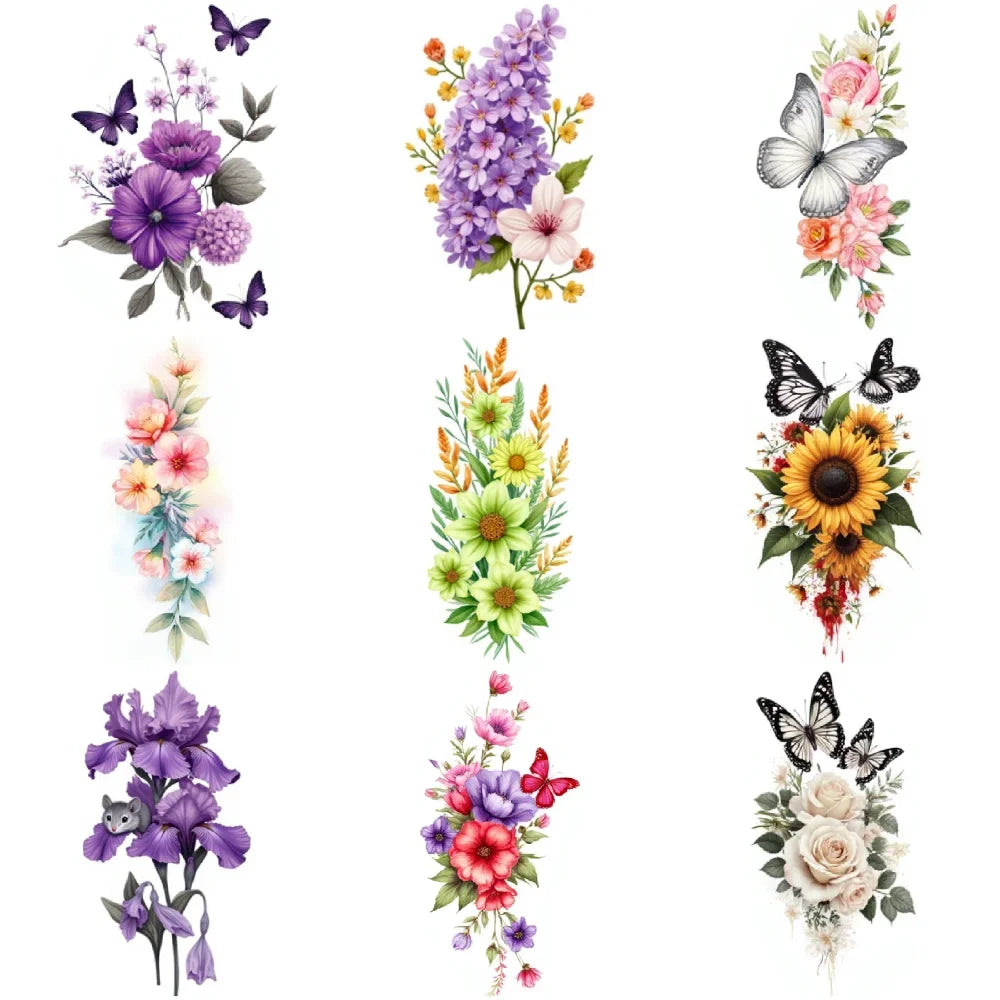 9pcs Colorful Flower Temporary Tattoos Stickers 3D Disposable Body Arm Tatoo Sticker Men Women Waterproof Fake Tatoos