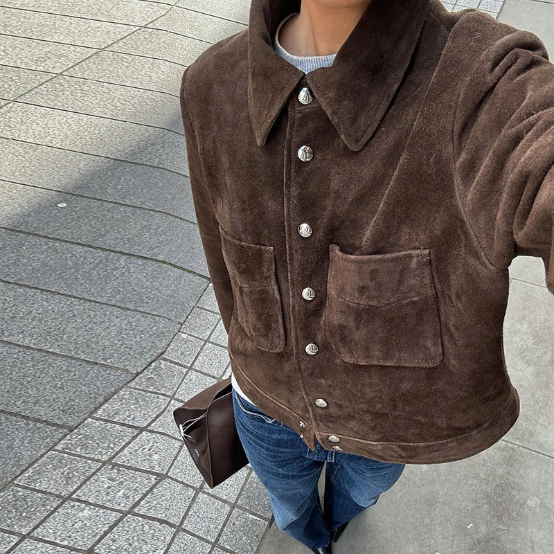 Vintage Brown Women's Suede Jacket Women Zipper Long Sleeve Pocket Loose Short Bomber Coat 2025 Spring Lady High Street Outwear