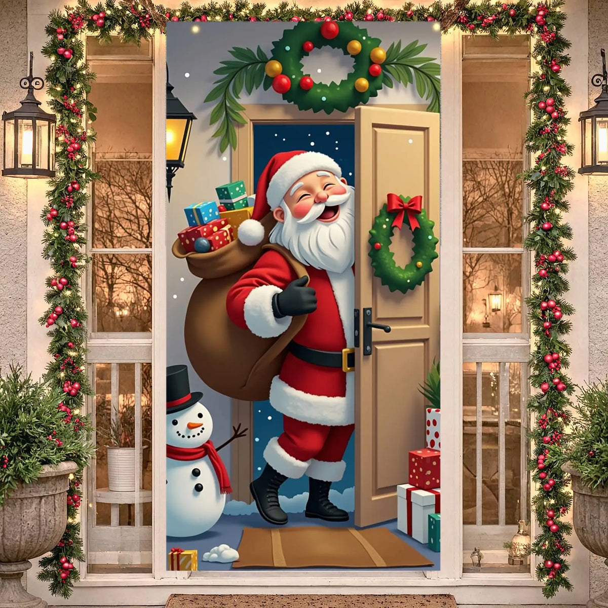 Christmas Door Cover Decorations Santa Claus Send Gift Background Banner for Indoor Outdoor Home Porch Holiday Decor Supplies