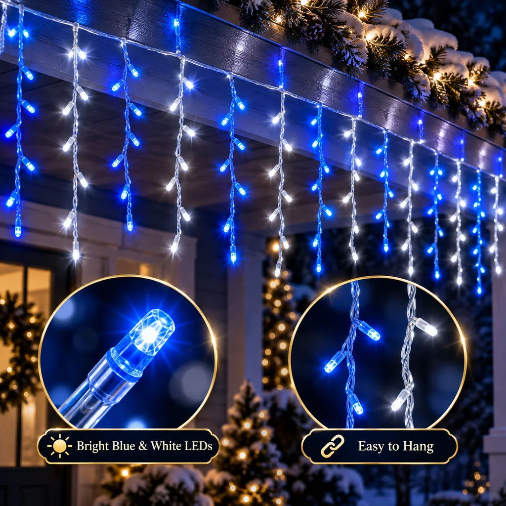 Christmas Icicle Lights USB Blue White 6/10M Alternating LED String Lights Hanging Drops for Roof Eaves Window Holiday Decor
