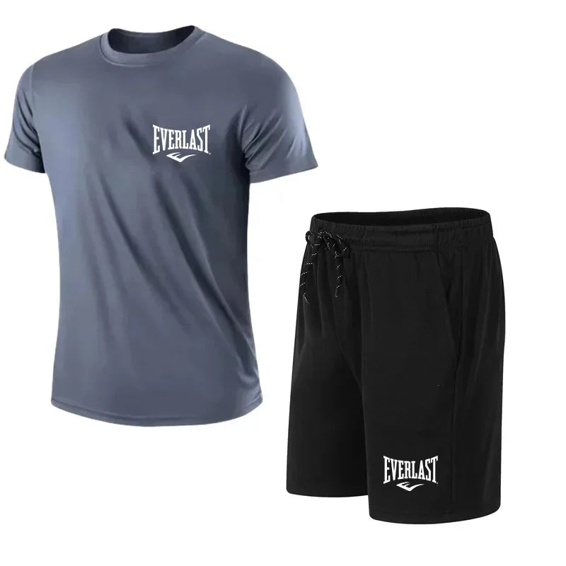 Men's T-shirt + Shorts 2-piece Set - Comfortable and Breathable Short-Sleeved Sporty Running Fitness Brand Printed Clothing