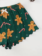 Christmas Clothes Cute Soft Gingerbread Print 2 Pieces Pajama Set Women's Sleepwear Crop Tops and Shorts Sets Loungewear