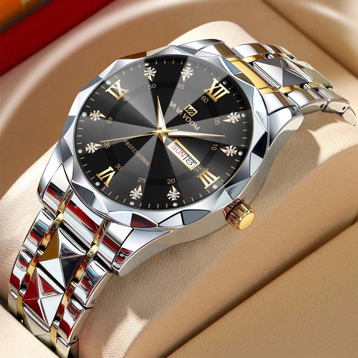 2024 New Men's Watch Fashion Rivet Stainless Steel Strap Luxury Water Diamond Diamond Luminous Blue Gold Dial Business Men Watch