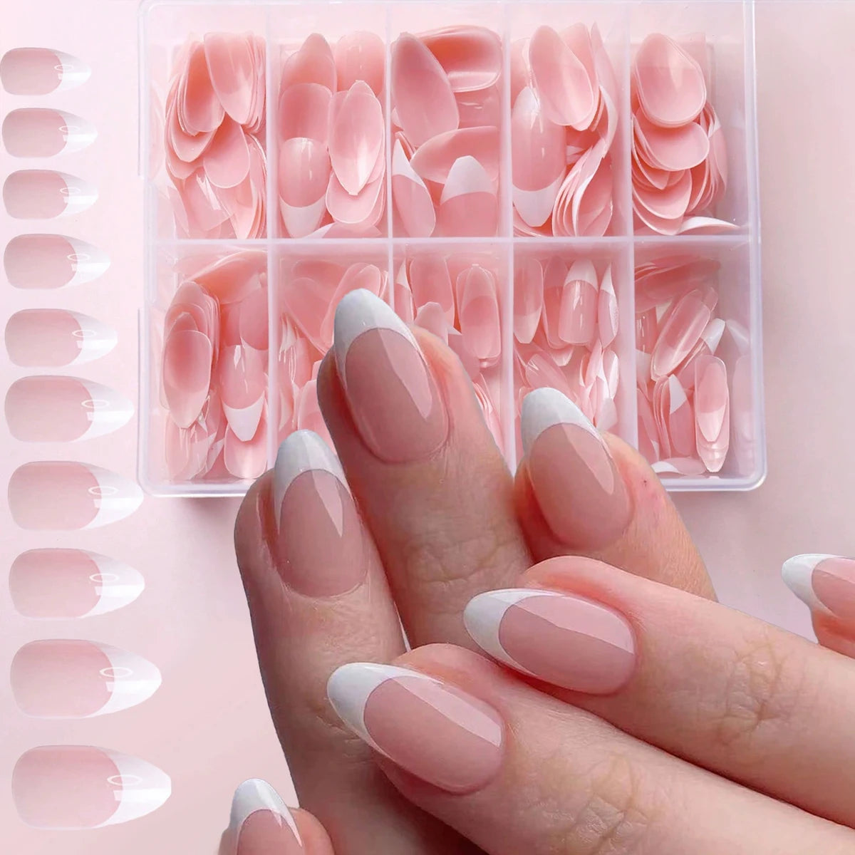 120Pc Almond-Shaped French Tip False Nails - Full Coverage Press- Nails with Nude/Pink Striped or Solid Tips Weddings Daily Wear