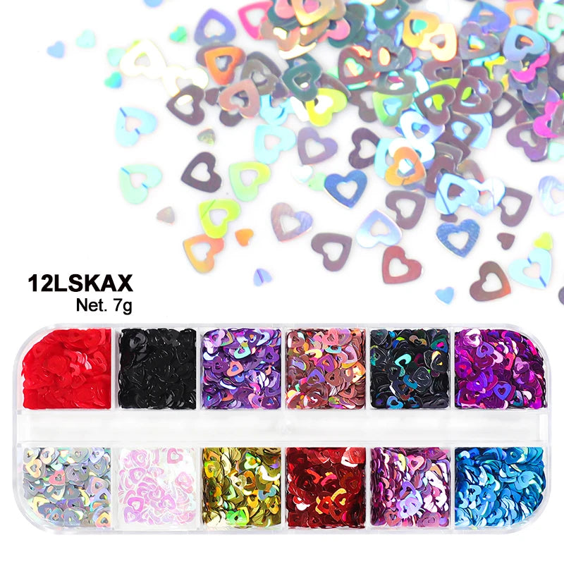 Holographic Sweet Love Heart Nail Art Glitter Sequins Shining Laser Fluorescence Star Butterfly 3D Nails Decorations Accessories