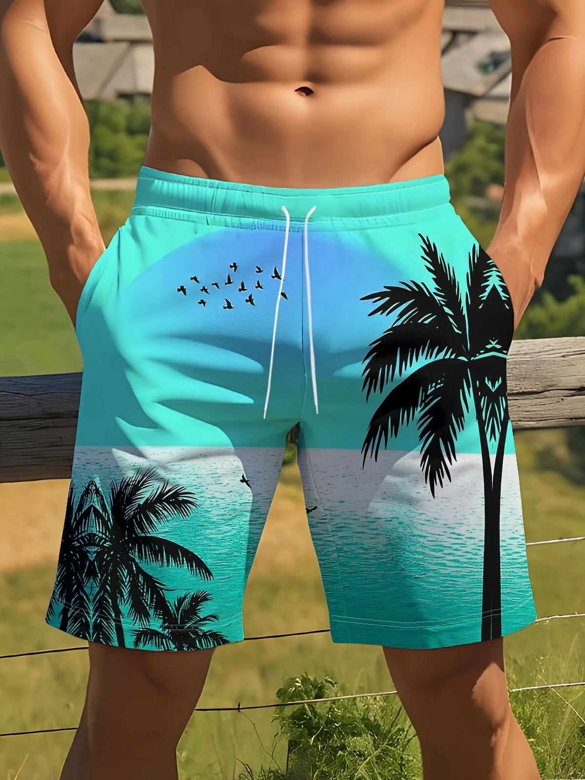 Men's Hawaiian Swim Trunks 3D Gradient Palm Tree Print Beach Shorts Quick Dry Outdoor Leisure Sports Shorts Fashion Men's Shorts