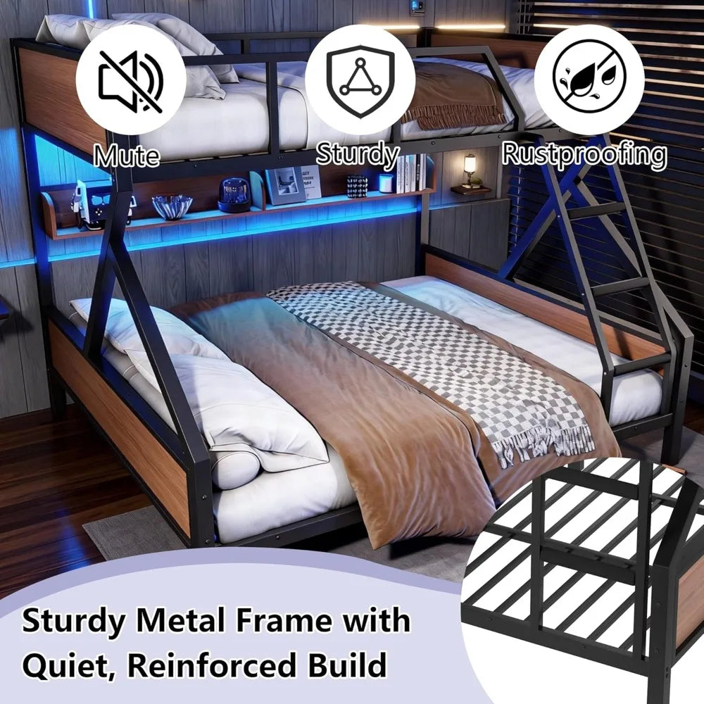 Queen Over King Bunk Bed w/ Storage Shelves, Metal Frame, LED Lights, Heavy Duty, No Box Spring, Black