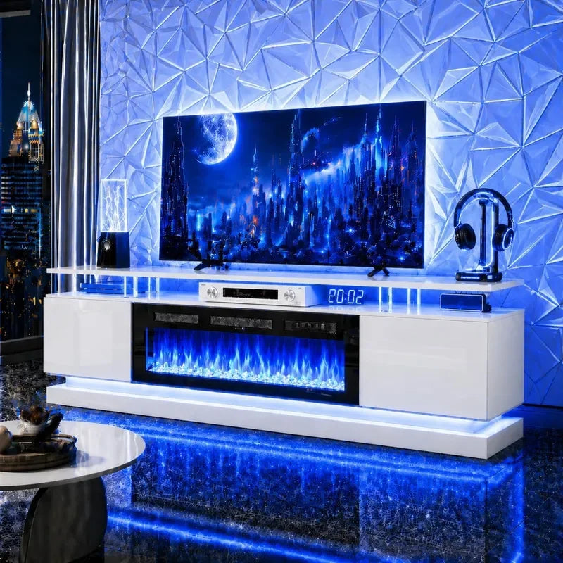 70 inch Modern TV Stand with Electric Fireplace for TVs up to 80 inches White Living Room Media Console Entertainment Center