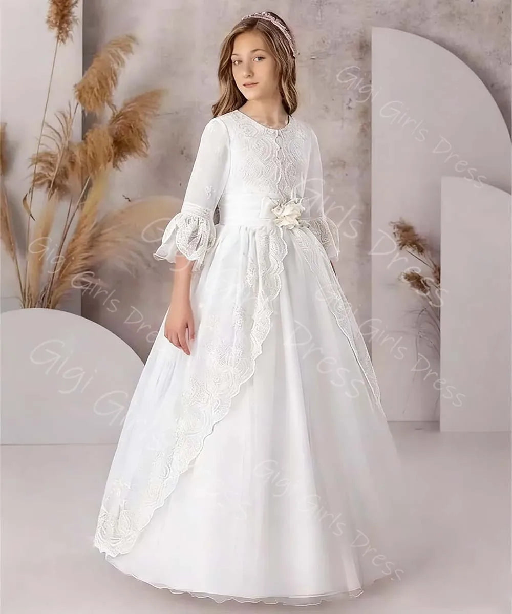 Graceful Lace Princess Flower Girl Dress 2-14 Kids 3/4 Sleeves 3D Flower Belt Wedding Party Gown First Communion Dress Custom