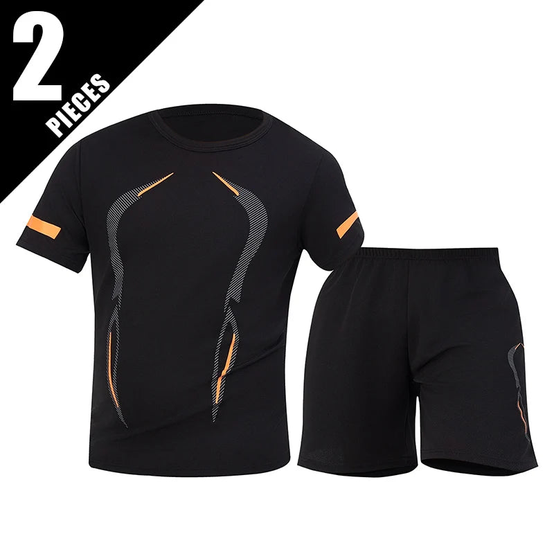 2-Piece Four Seasons Men's Short Sleeve Set Printed Quick Drying T-shirt for Youth Sports Fitness Running Comfortable and Casual