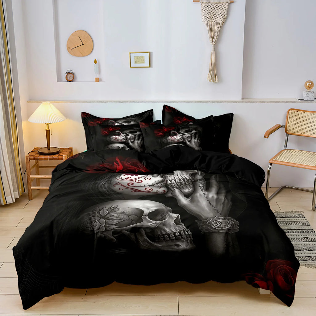 3Pcs Gothic Mexican Sugar Skull Woman Duvet Cover Bedding Set Floral & Skull Patterns - Ideal For Day Of The Dead Celebrations