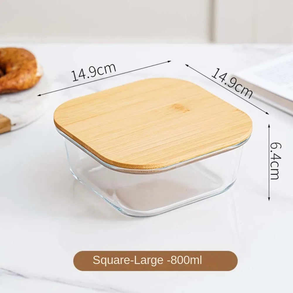 Glass Fresh-Keeping Box Heat-Resistant Bamboo Lid Microwave Oven Lunch Box Leakproof High Borosilicate Office Worker Bento Box