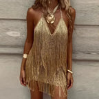 Summer Sleeveless Women's Slim Dresses Sexy Hot Girl V-neck Tassel Halter Mini Dress Fashion Solid Backless Cocktail Party Dress