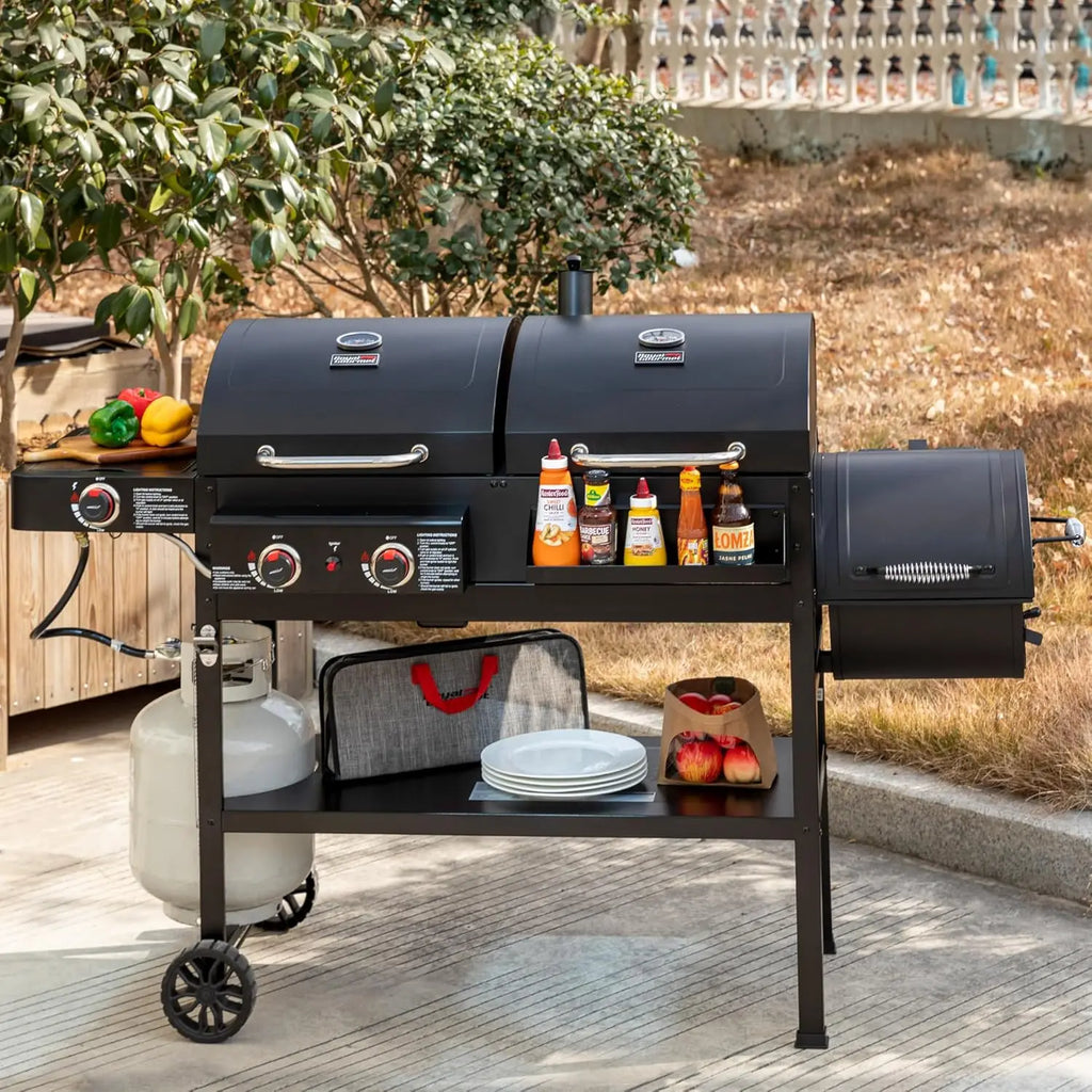 2-Burner Gas and Charcoal Combo Grill with Offset Smoker & Side Burner, 34,000 BTU Dual Fuel Grill, 1020 Sq. In., Customized