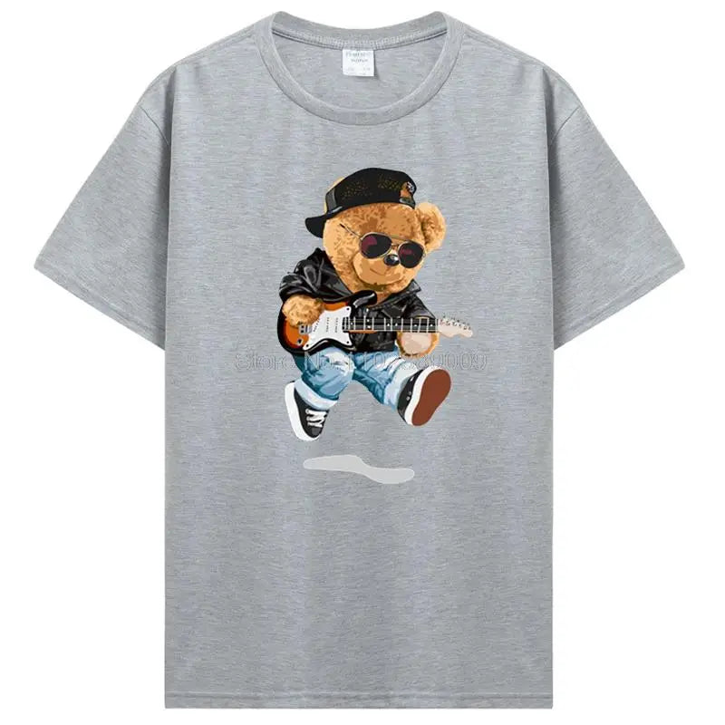 Teddy Bear Playing Badminton T-shirt Cotton Clothing Tops Graphics Kawaii Men Women Short Sleeve Print TShirt Tees