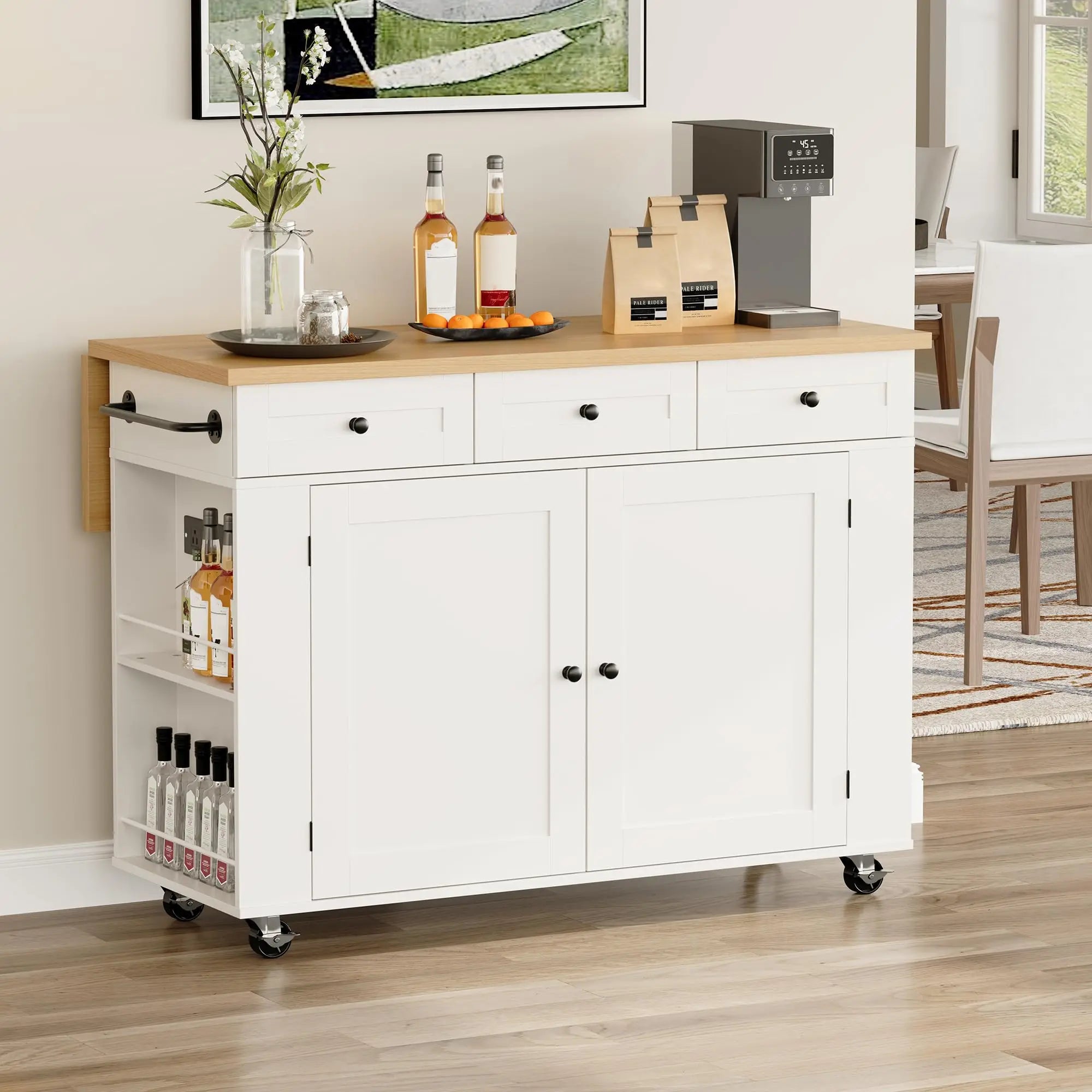 47.2 Inch Rolling Kitchen Island With Drop Leaf, Charging Station, Locking Wheels, Pull-Out Shelves, Drawers, Spice Rack & Storage