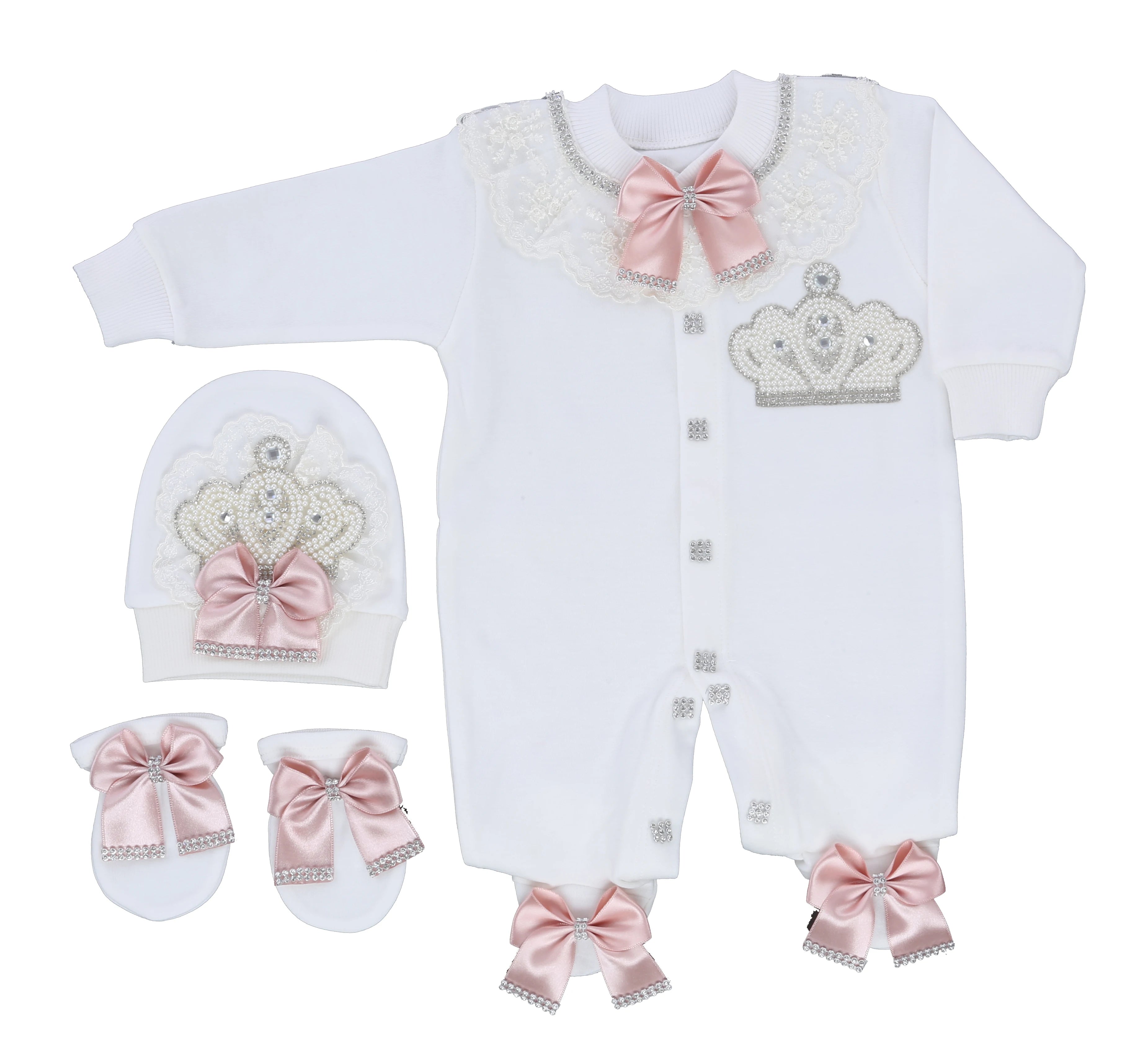Baby Girl Coming Home Outfits Set Personalized Name Jewelry Crown Clothing Vintage Croche Infant Care Products Body Suit Pajamas