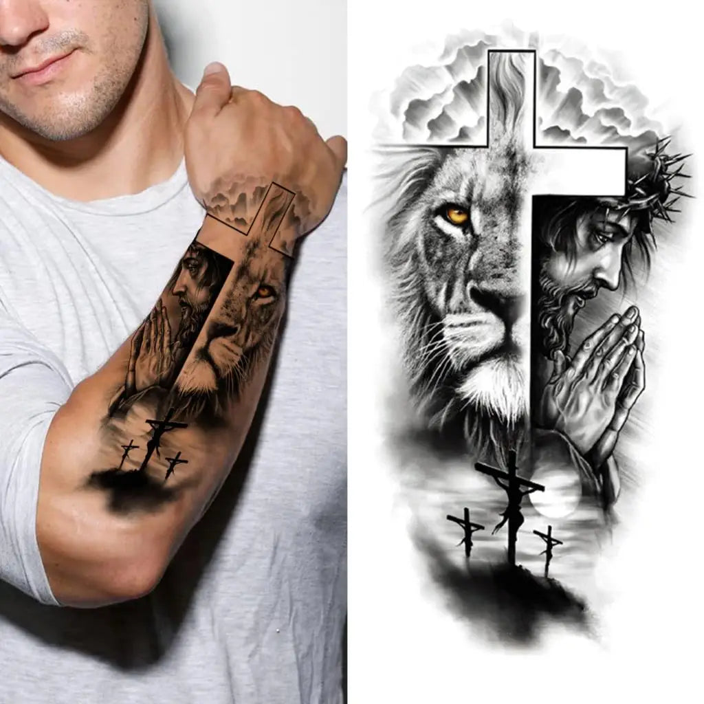 1pc Lion Men Waterproof Temporary Tattoos Fake Stickers Arm Hand Cool Art Black Transfer Clock Tattoo Stickers Wolf Tiger Tattoo
