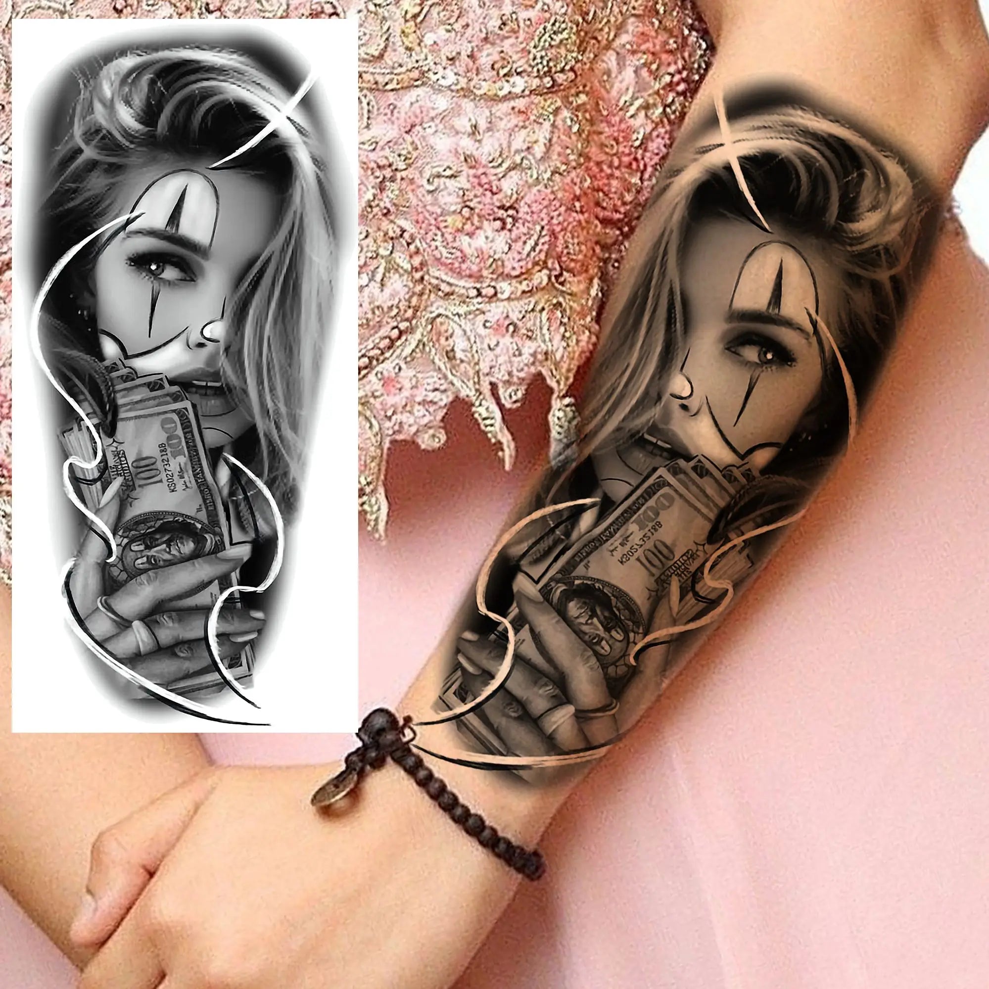 1 Sheet Bad Guy Robber Poker Temporary Tattoos For Men Women Gangster Joker Rebel Waterproof Realistic Fake Tattoo Arm Stickers