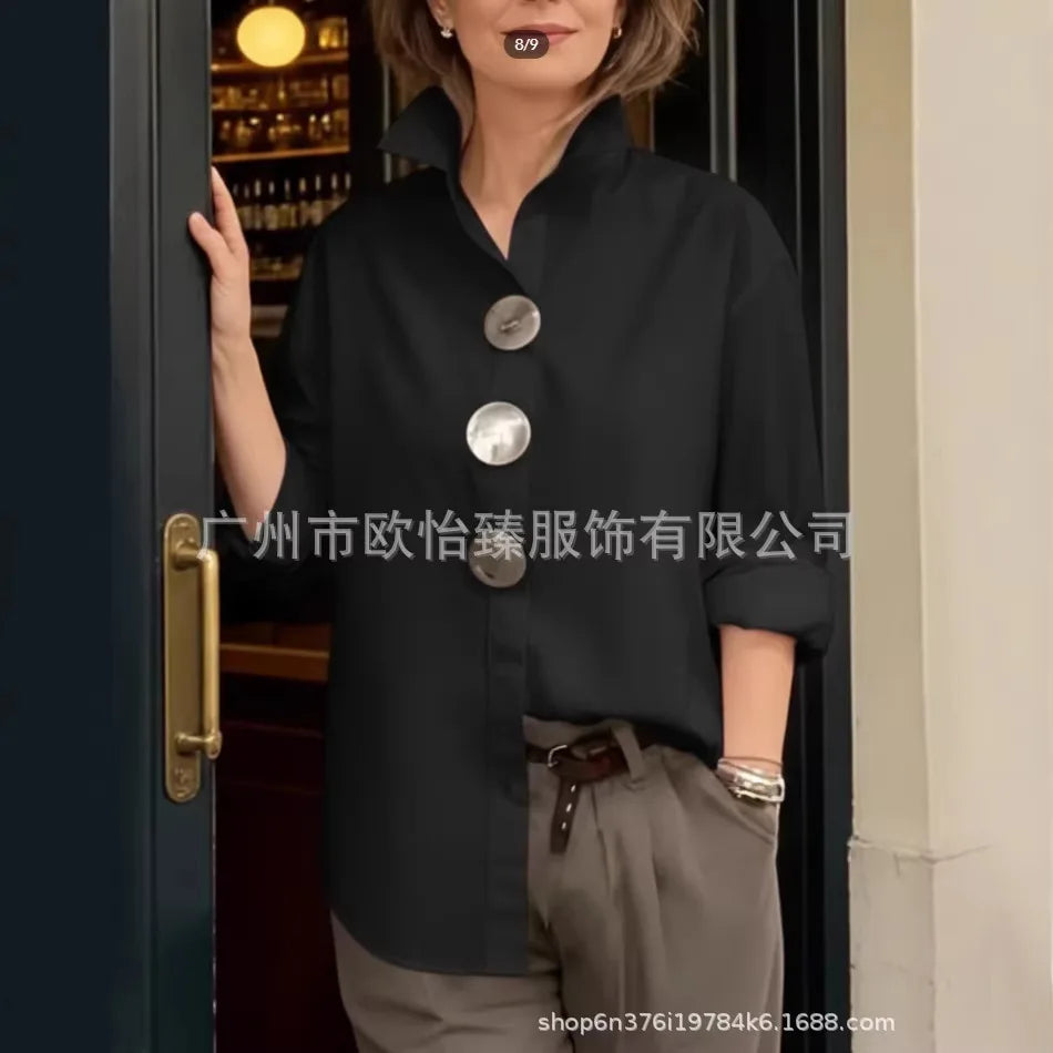 Women Casual Solid Loose Shirt Tops Spring Summer Fashion Lapel Shirt Long Sleeve Blouse Metal Button Top Office Ladies Blouses