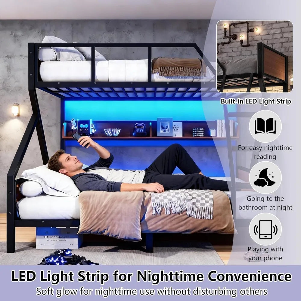 Queen Over King Bunk Bed w/ Storage Shelves, Metal Frame, LED Lights, Heavy Duty, No Box Spring, Black