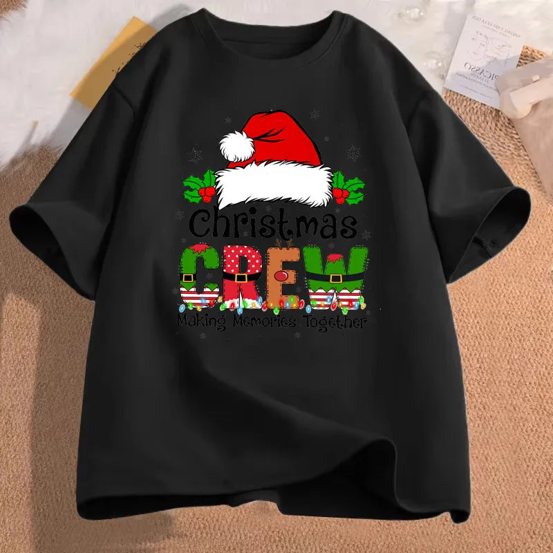 Christmas Crew Santa Hat Holly Snowflake Quote Art Print Graphic Womens T Shirt Short Sleeve Crew Neck Casual Ladies Tee Tops