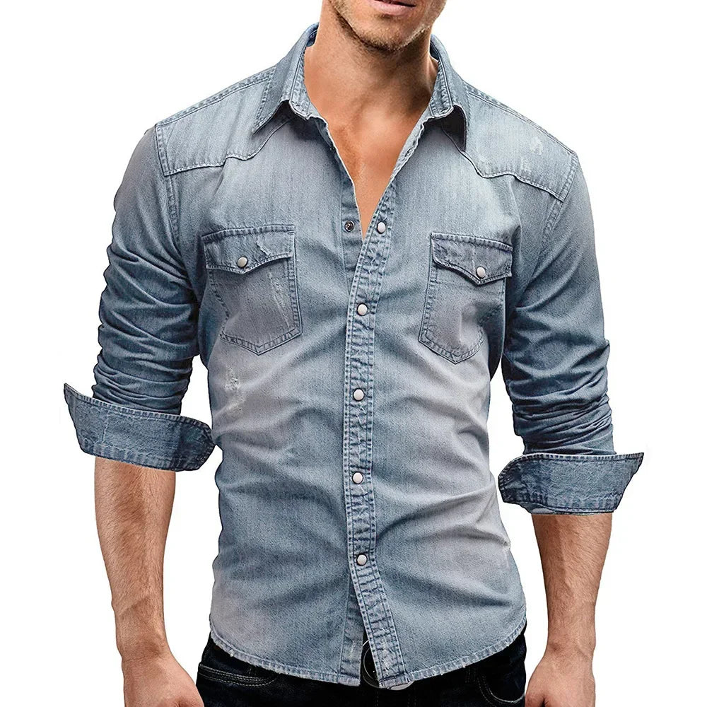 New 2026 Men's Denim Shirt Fashion Short Sleeve Soft Solid Slim Cowboy Tops Men Trend Streetwear Vintage Casual Cardigan T-shirt