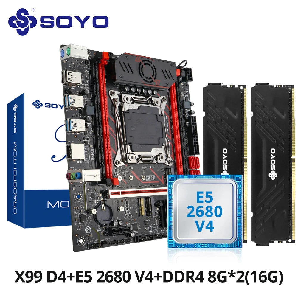 SOYO X99 Gaming Motherboard Set C612 Chipset TPM2.0 Pin with E5 2680 V4 CPU & DDR4 16G (2*8G) 2133MHz RAM PCIE3.0 for Desktop PC