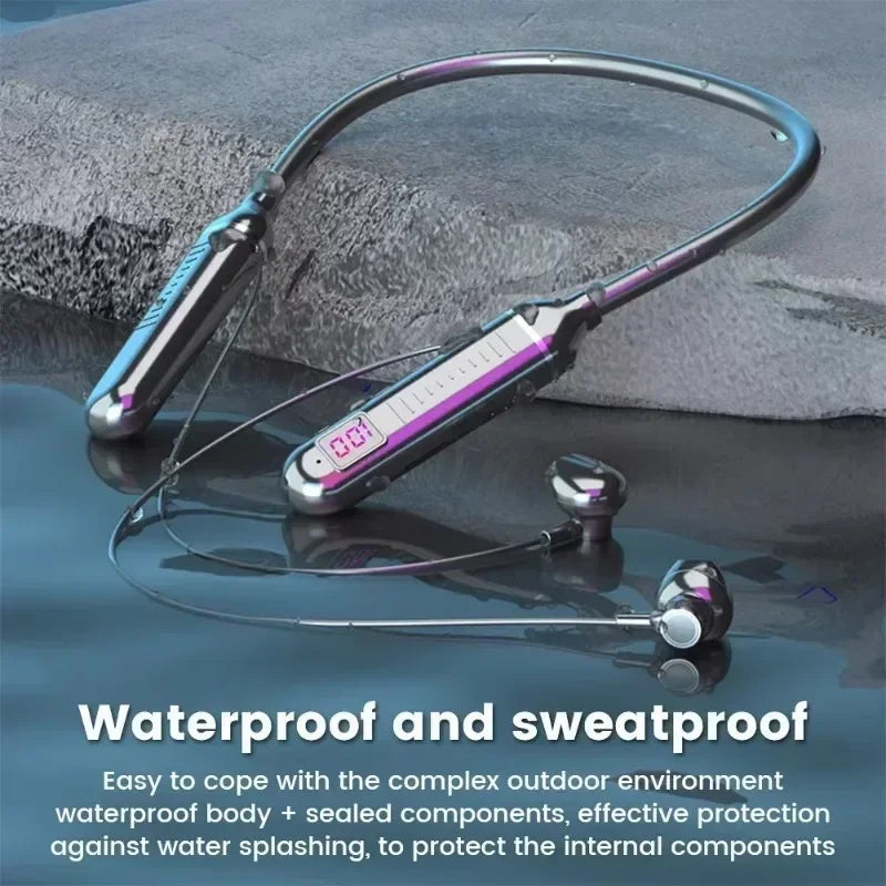 New Wireless Earphones Bluetooth 5.3 Neckband Headphones Gaming LED Display HIFI Headset Sports TWS Earbuds With Mic TF Card