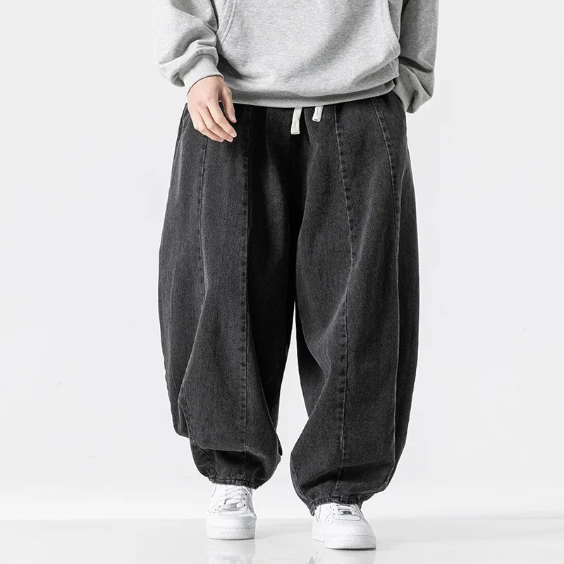 2025 New Men's Pants Large Japanese Retro Loose Haren Straight Leg Pants Hong Kong Style Wide Leg Cowboy Lantern Pants
