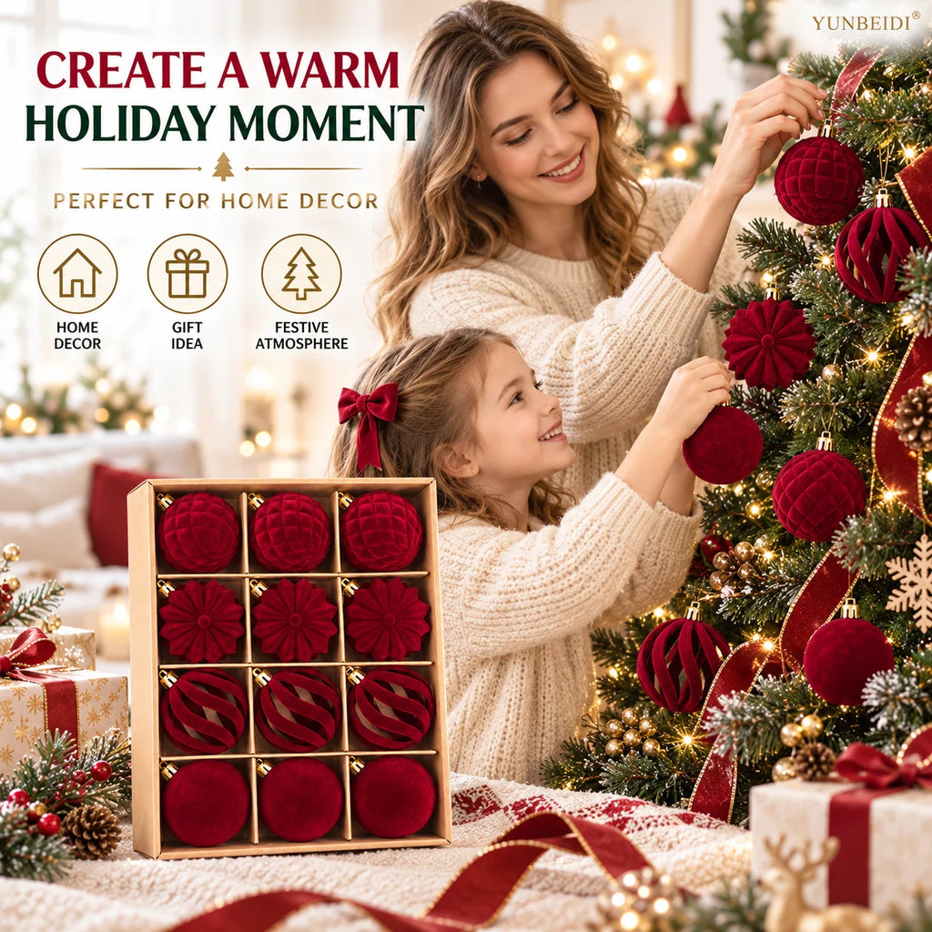 6CM Christmas Balls Set 15PCS Soft Velvet Flocked Ball Ornaments 4 Shapes Christmas Tree Decorations Home Gift Holiday Decor