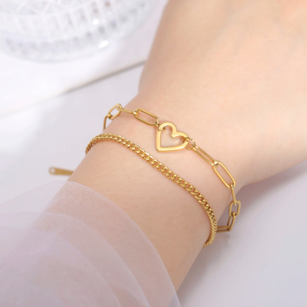 Heart Charm Bracelet Women's Stainless Steel Double Layer Paper Clip Chain Bracelet Jewelry Valentine's Day Gift New