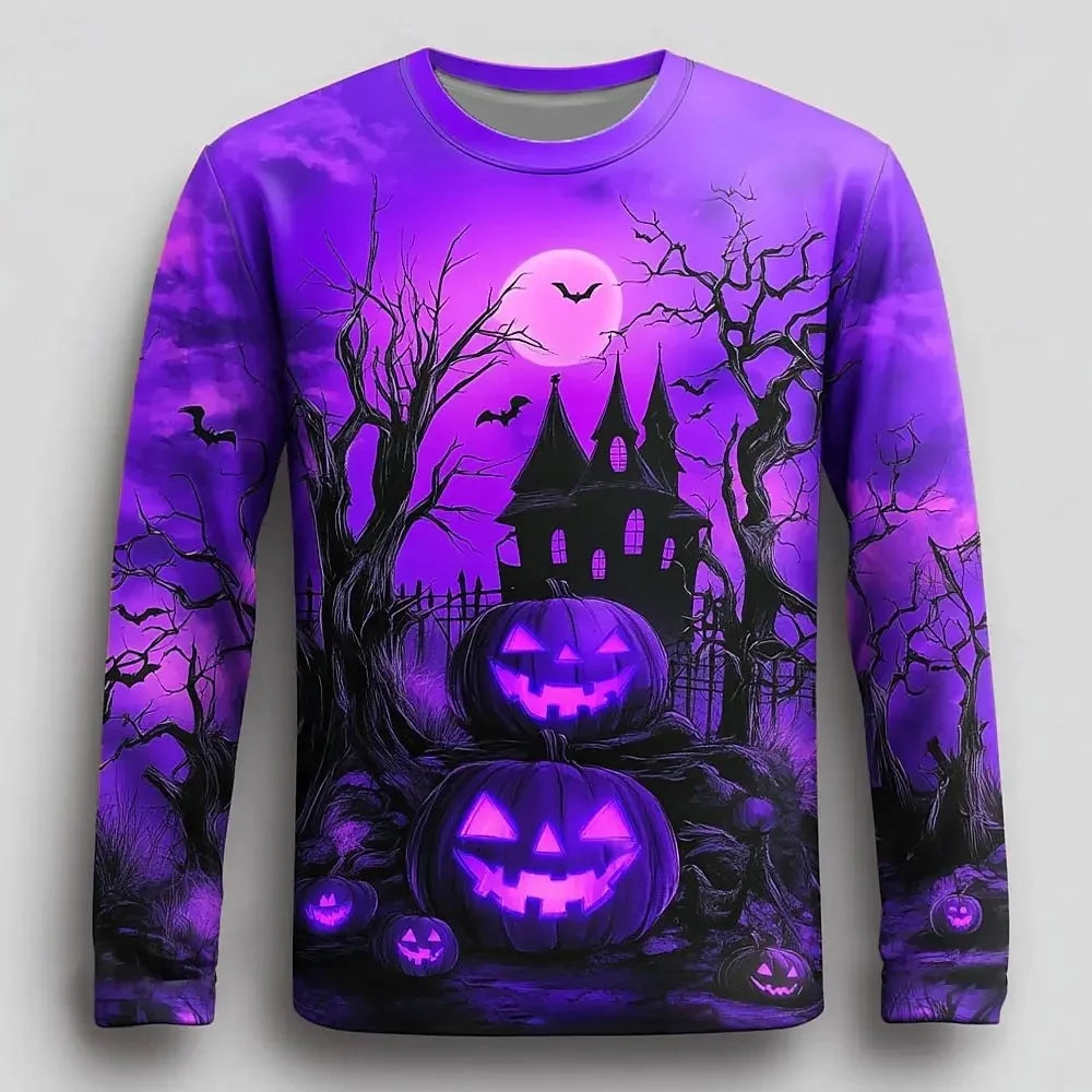 2026 New Autumn and Winter Men's Halloween scarecrow Pumpkin Full Print Round Neck Hoodie Horror Forest Moon Bat Long Sleeved Tr