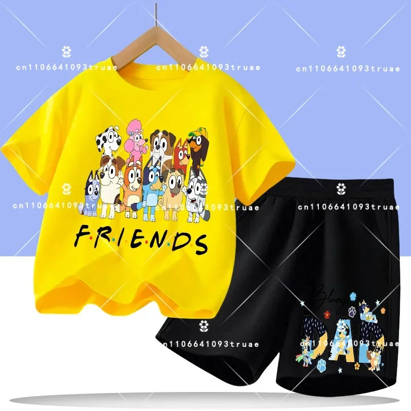 2026 summer T-shirt, 2-piece set Bluey children's 100% cotton short-sleeved set for boys - boys' sports shirt, girls' casual top