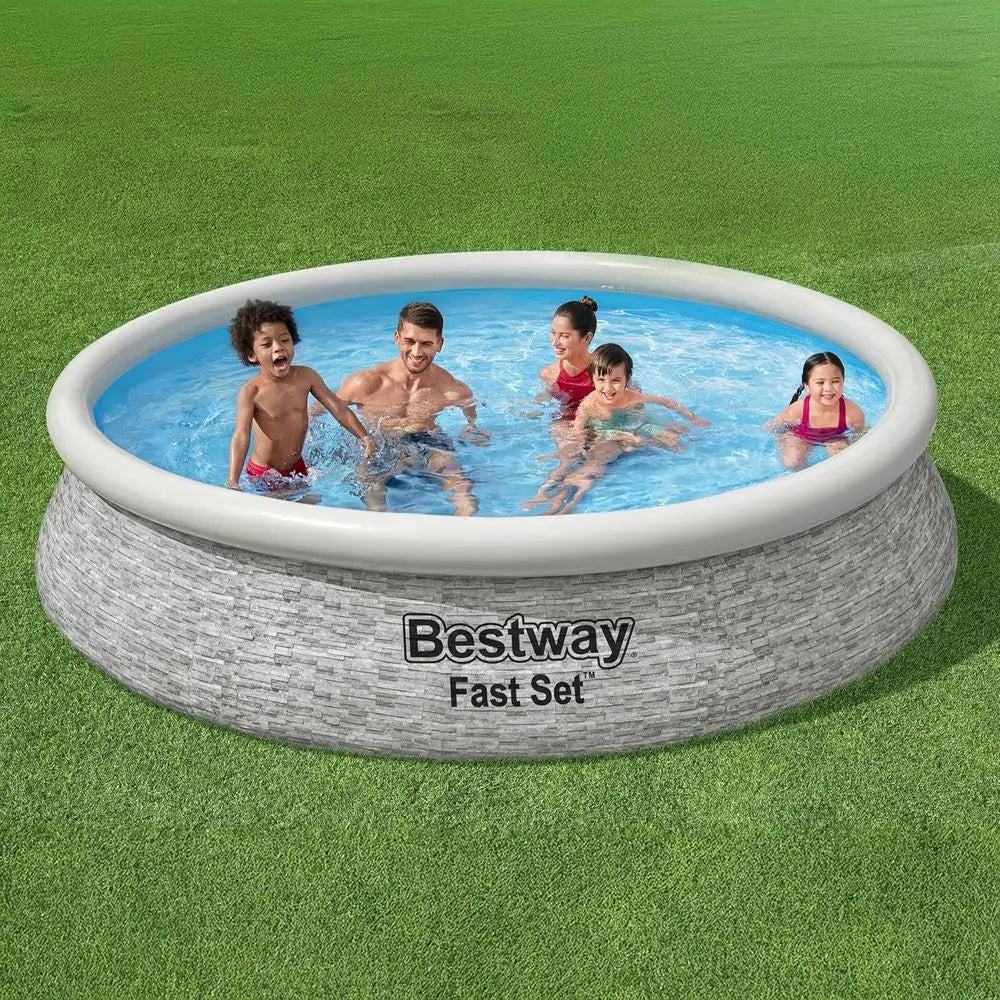 12' x 30 Round Above Ground Swimming Pool Set with Stacked Stone Exterior, Outdoor Family Pool, Gray