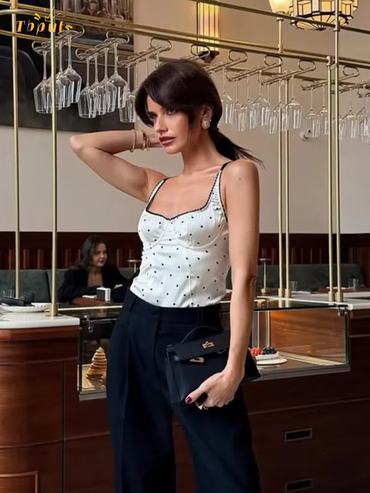 Retro Polka Dot Sling Short Tops Women Sexy Square Neck Off-shoulder Slim Cropped Blouse 2026 Lady Spring Daily Street T-shirt