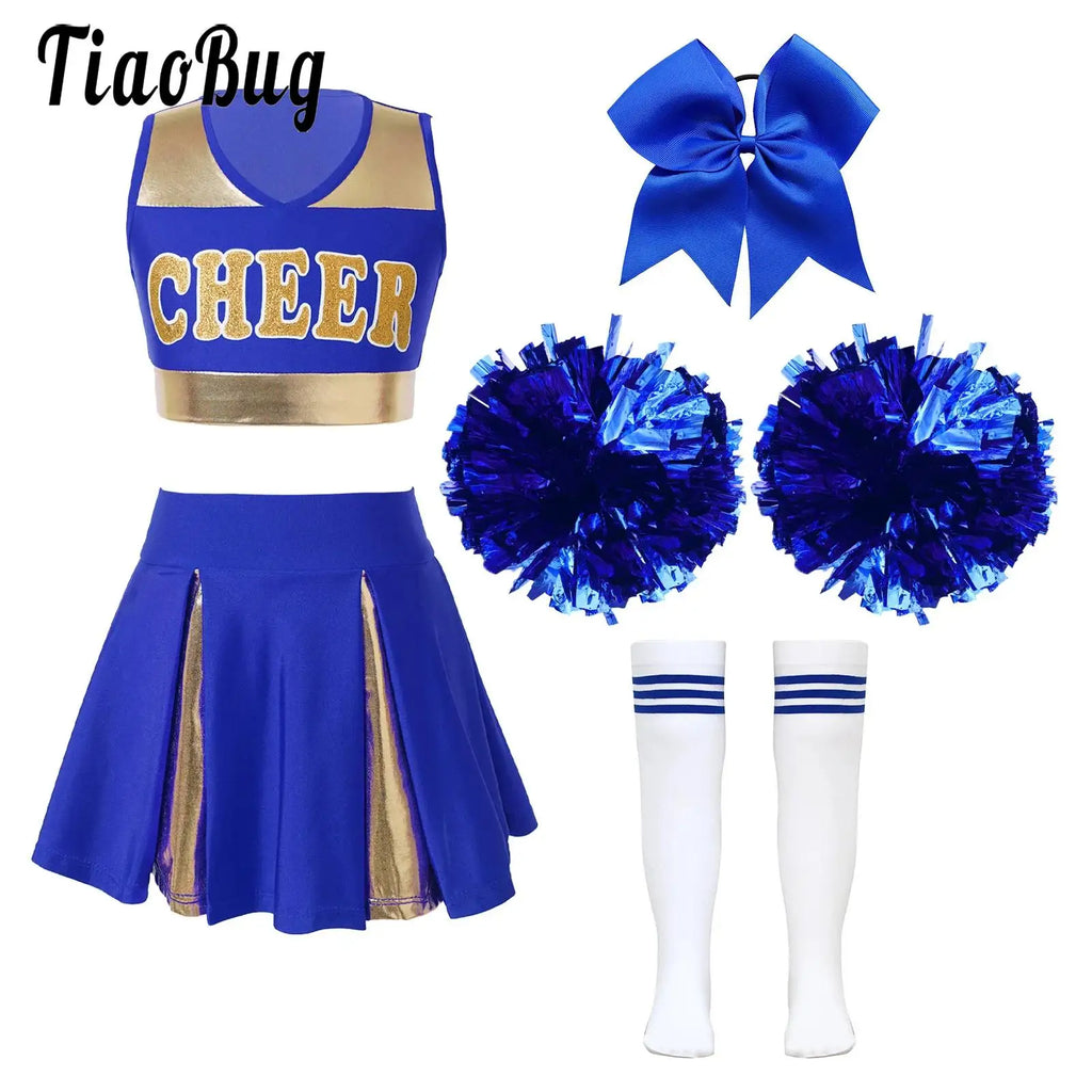 5Pcs Kids Girls Halloween Cheerleader Costume Outfit Uniform Set Cheerleading Dance Dress with Socks Pompom for Role Play Party