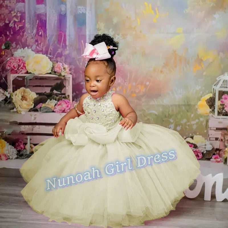 Pink Flower Girl Dresses for Wedding Crystal Sleeveless Sequins Girl Kids Birthday Party First Holy Communion Gowns Customized